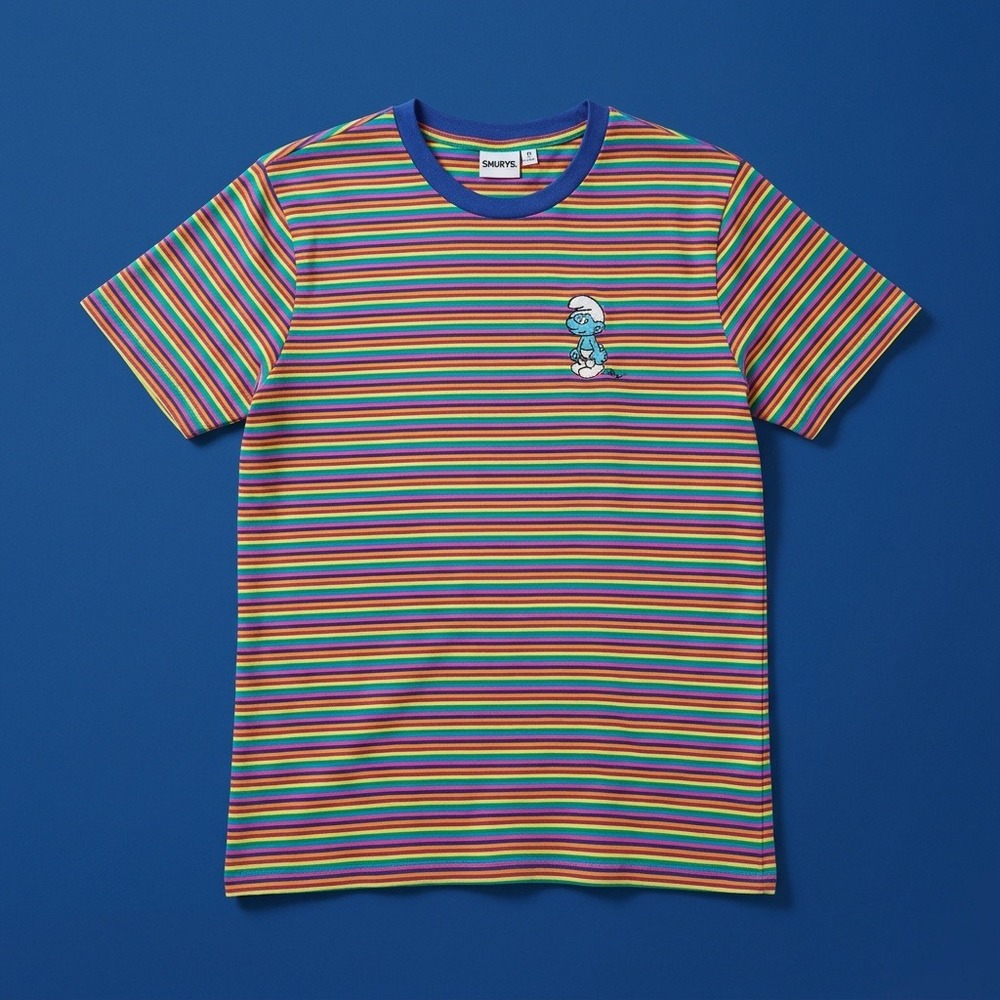The Smurfs Grumpy Smurf T-Shirt Mens Medium Rainbow Striped Retro Embroidered